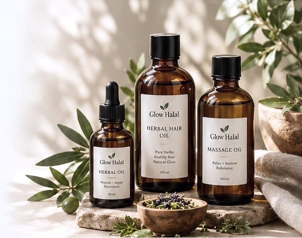 Amber glass herbal oil bottles on a stone tray with olive leaves and dried herbs in warm sunlight